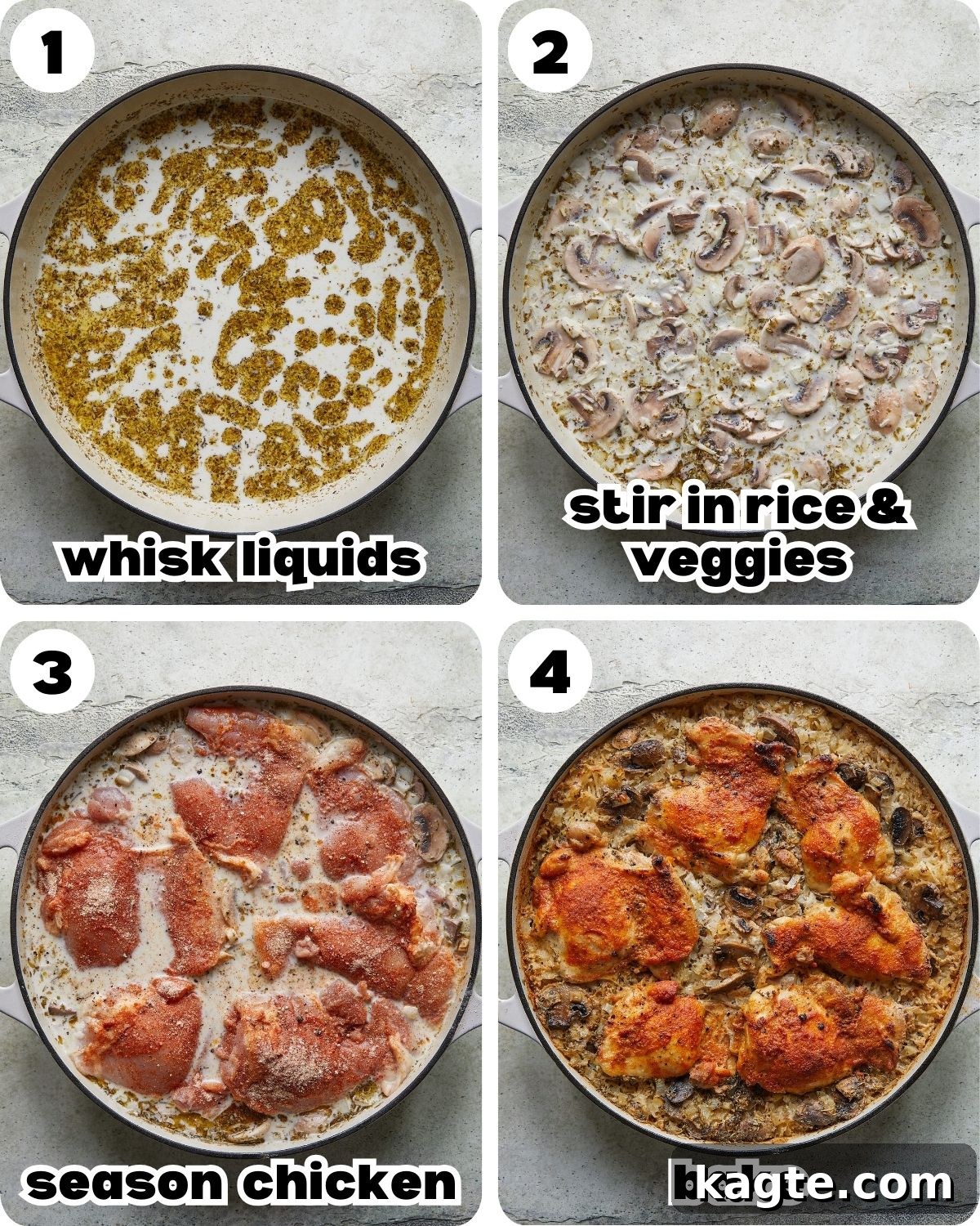 Hearty One-Pot Chicken and Rice Bake 4 A four photo collage showing the steps for oven baked chicken and rice.