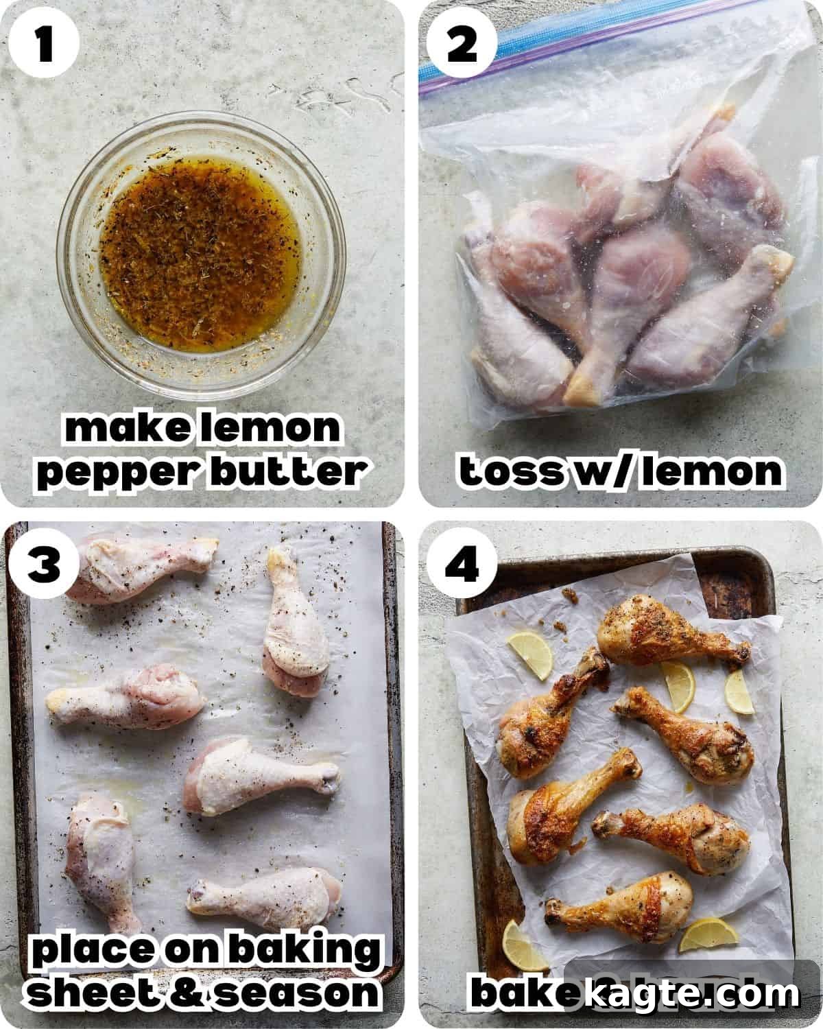 Crispy Oven Roasted Lemon Pepper Drumsticks 4 A four-photo collage demonstrating the key stages of preparing lemon pepper chicken drumsticks: mixing the butter, tossing the chicken, seasoning, and brushing after baking.
