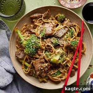 A top-down shot of the finished Beef and Broccoli Noodles, ready to serve.