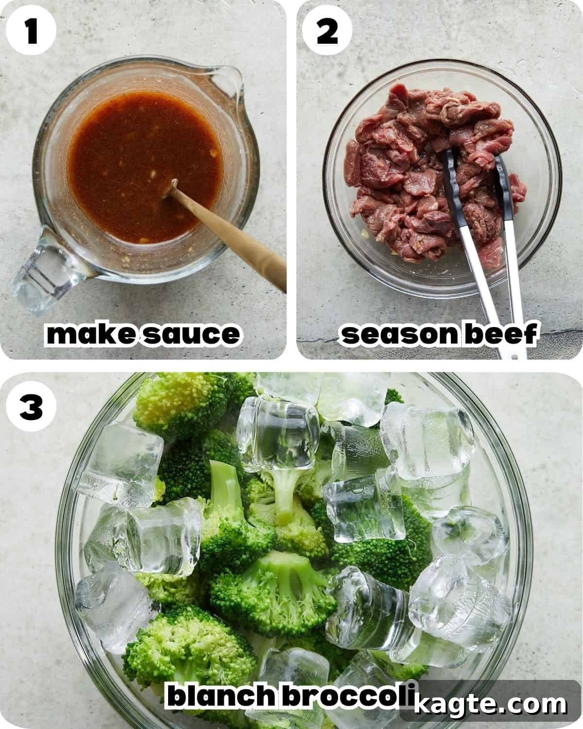 A three-photo collage illustrating the initial preparation steps for Beef and Broccoli Noodles: whisking sauce, marinating beef, and blanching broccoli.