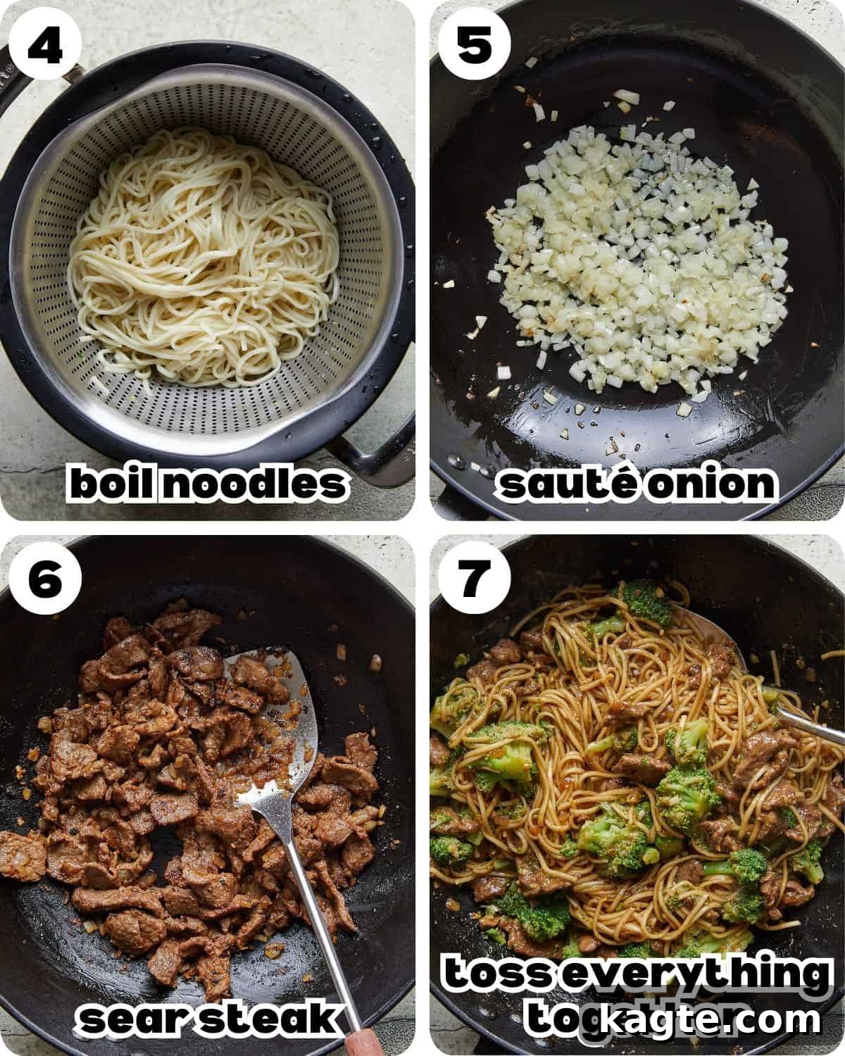 A four-photo collage illustrating the final cooking and combining steps for Beef and Broccoli Noodles, from cooking noodles to final toss.