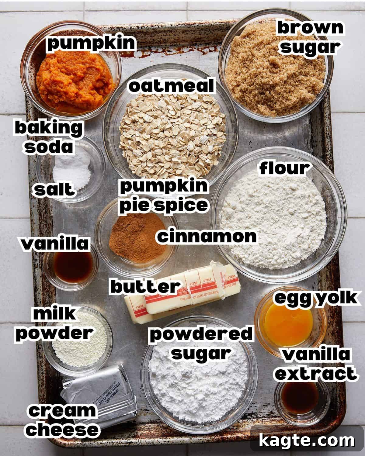 Spiced Chewy Pumpkin Oat Cookies 3 Overhead image of ingredients needed to make pumpkin oatmeal cookies, arranged neatly on a surface.