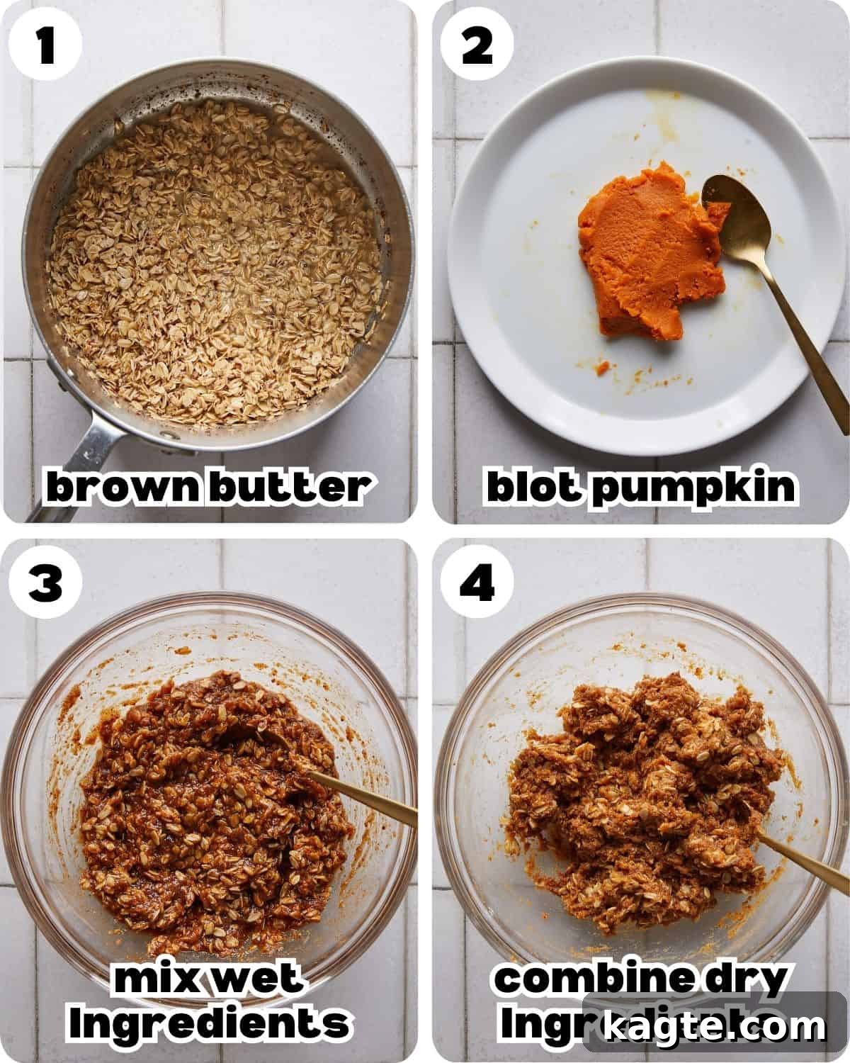 Spiced Chewy Pumpkin Oat Cookies 4 A four photo collage showing the beginning steps for making pumpkin oatmeal cookies: browning butter, blotting pumpkin, mixing wet ingredients, and combining wet and dry ingredients.