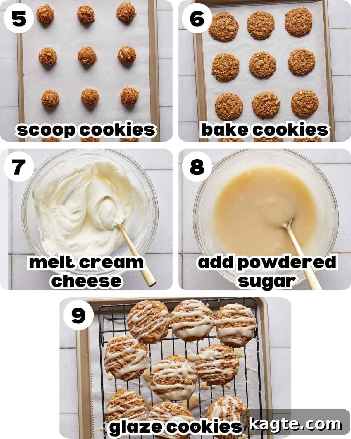 Spiced Chewy Pumpkin Oat Cookies 5 A five photo collage showing the final steps for pumpkin oatmeal cookies: scooping dough, baking, melting cream cheese, adding powdered sugar, and glazing cookies.