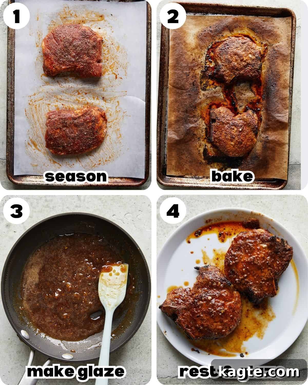 A four-image collage demonstrating the key steps for preparing honey glazed pork chops: seasoning, baking, making the glaze, and glazing the finished chops.