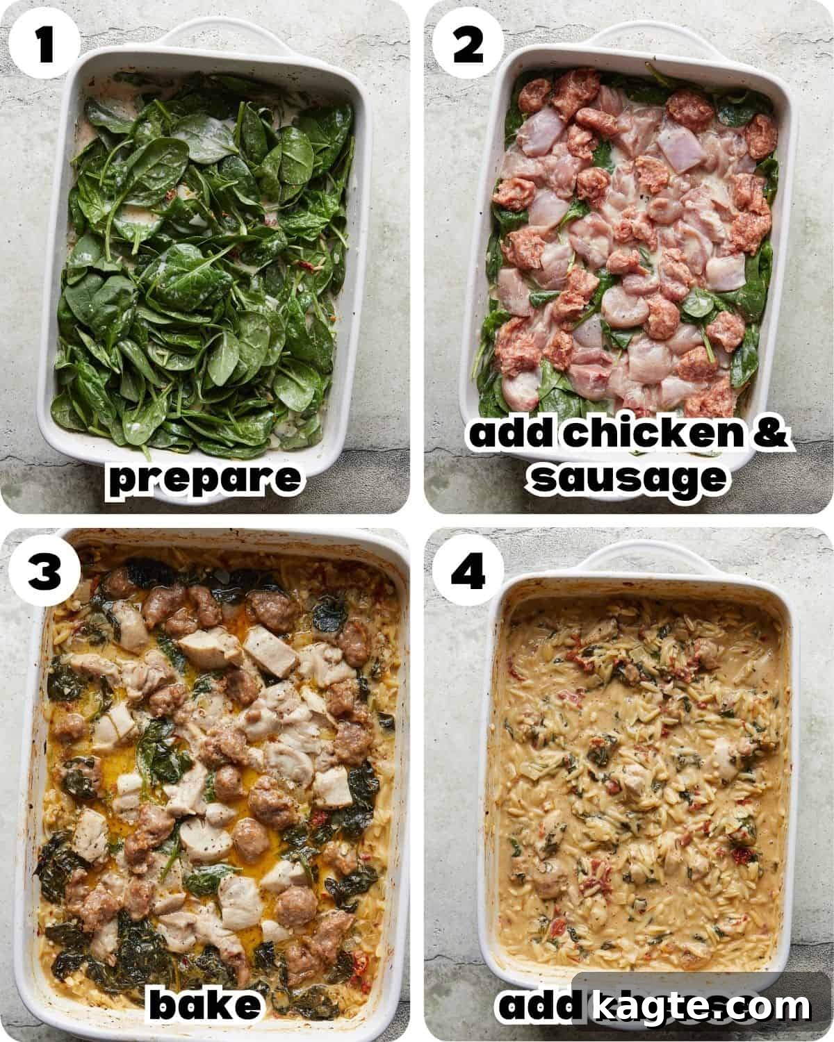 Creamy Tuscan Chicken Orzo Casserole 4 A four-photo collage illustrating the step-by-step process of making chicken and orzo bake, from mixing to baking.