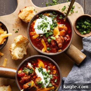 A delectable image of slow cooker no bean chili served in a bowl, garnished for serving.