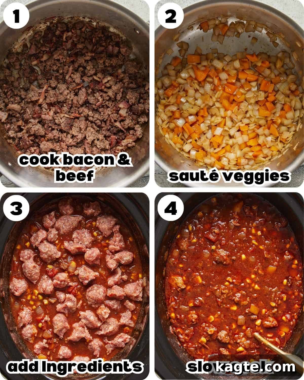 No-Fuss Slow Cooker Beanless Chili 4 Visual step-by-step guide showing how to prepare the slow cooker no bean chili, from browning meat and vegetables in a skillet to combining all ingredients in the slow cooker.