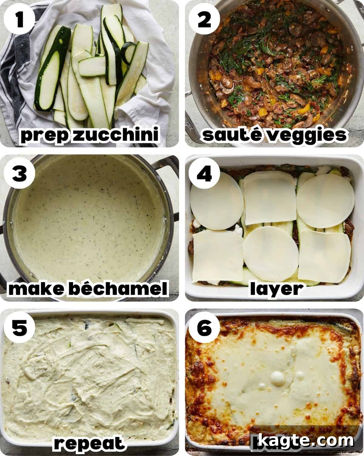 A 6 photo collage demonstrating the step-by-step process for preparing veggie lasagna with white sauce, from preparing vegetables to layering and baking.