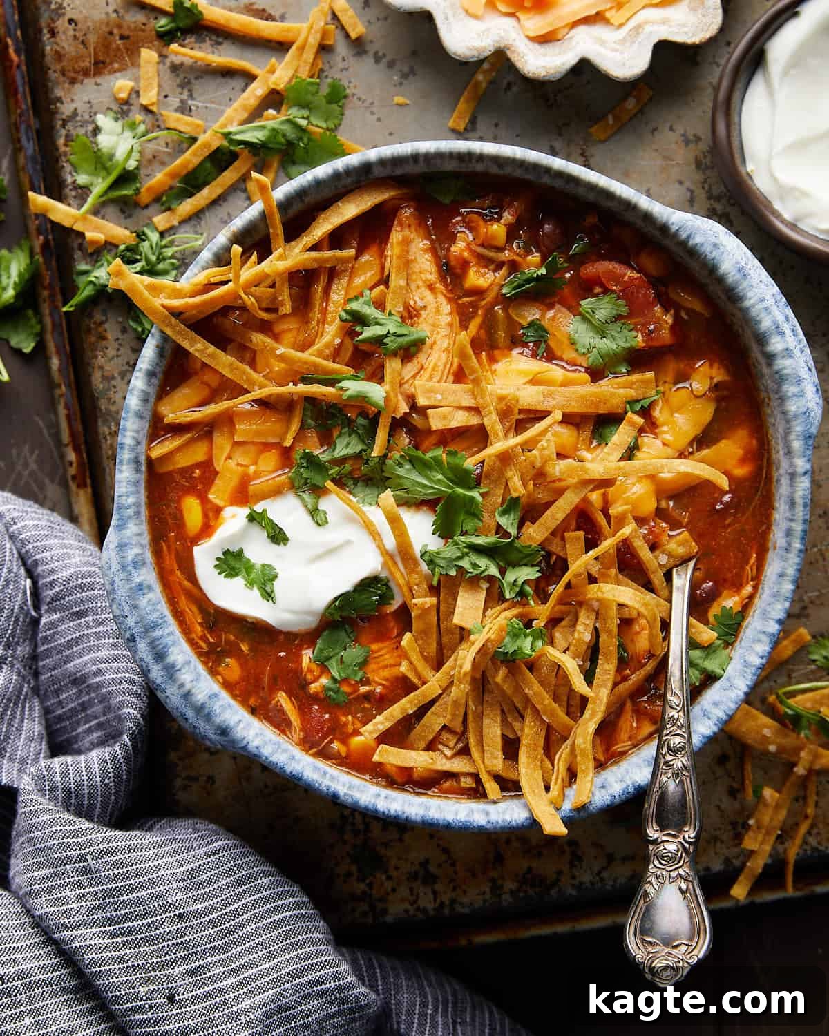 Effortless Rotisserie Chicken Tortilla Soup 2 Overhead image of chicken tortilla soup with tortilla strips and garnish, highlighting its rich colors and textures.