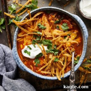 A hearty bowl of chicken tortilla soup garnished with avocado, sour cream, and crispy tortilla strips.