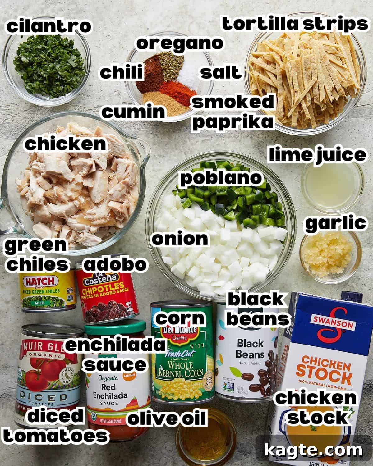 Effortless Rotisserie Chicken Tortilla Soup 3 Overhead image of fresh ingredients for chicken tortilla soup, laid out for preparation.