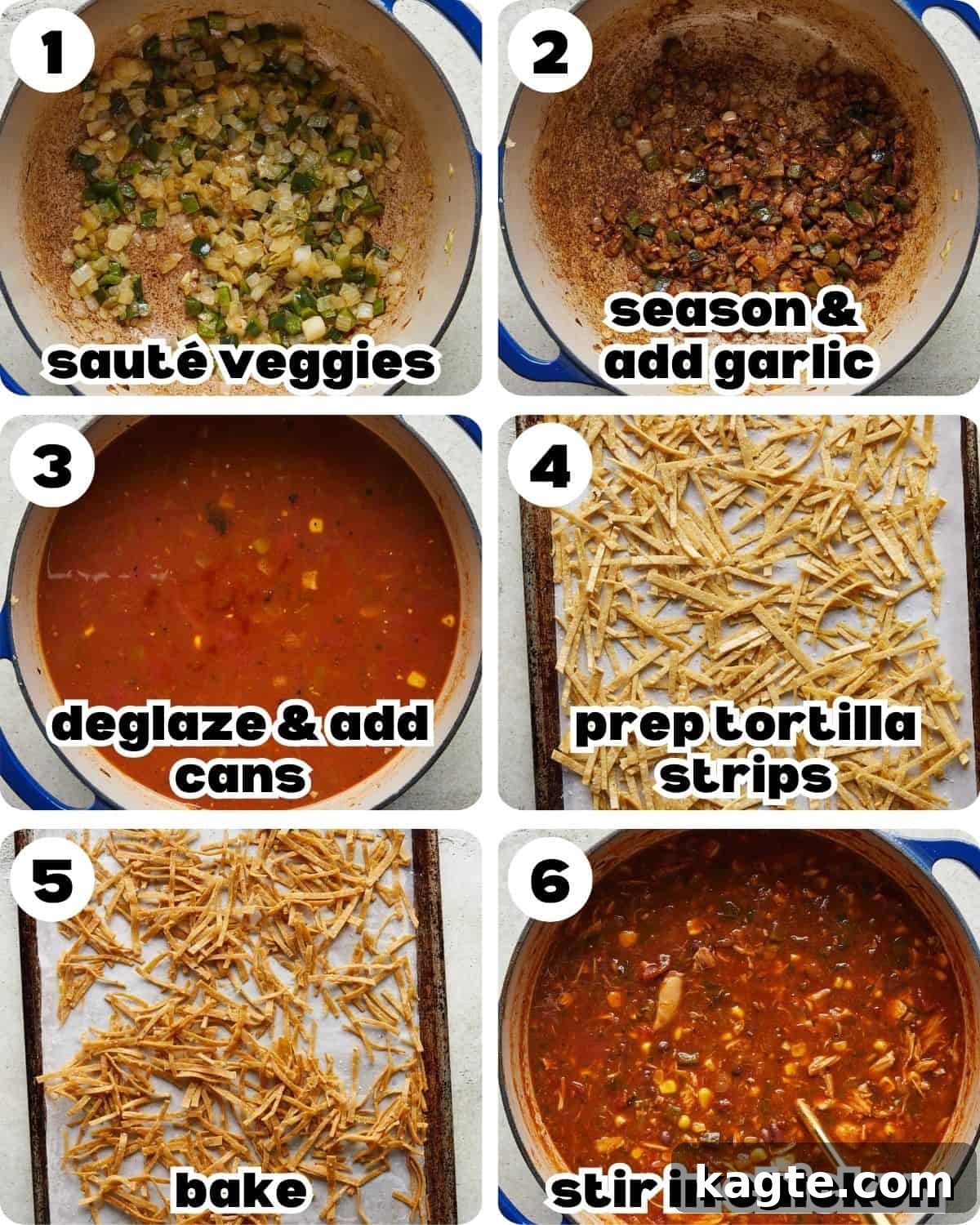 Effortless Rotisserie Chicken Tortilla Soup 4 A 6-photo collage illustrating the step-by-step process for making chicken tortilla soup with rotisserie chicken.