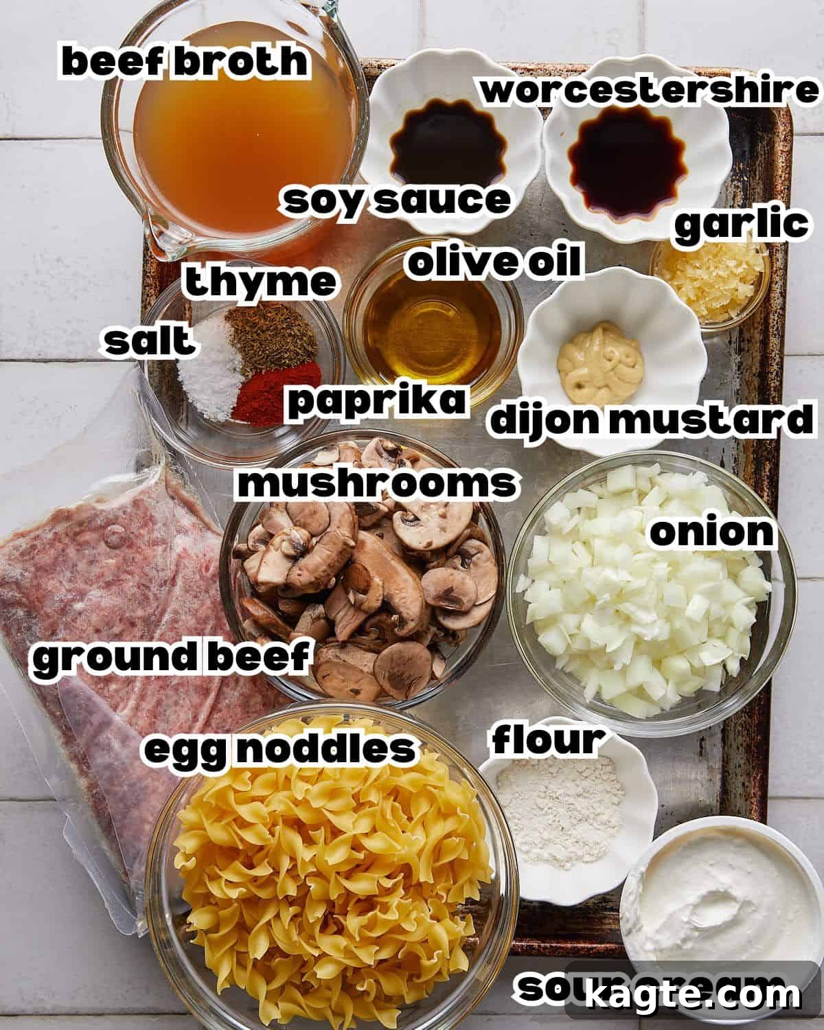 Overhead image of ingredients needed to make beef stroganoff with beef stroganoff. 