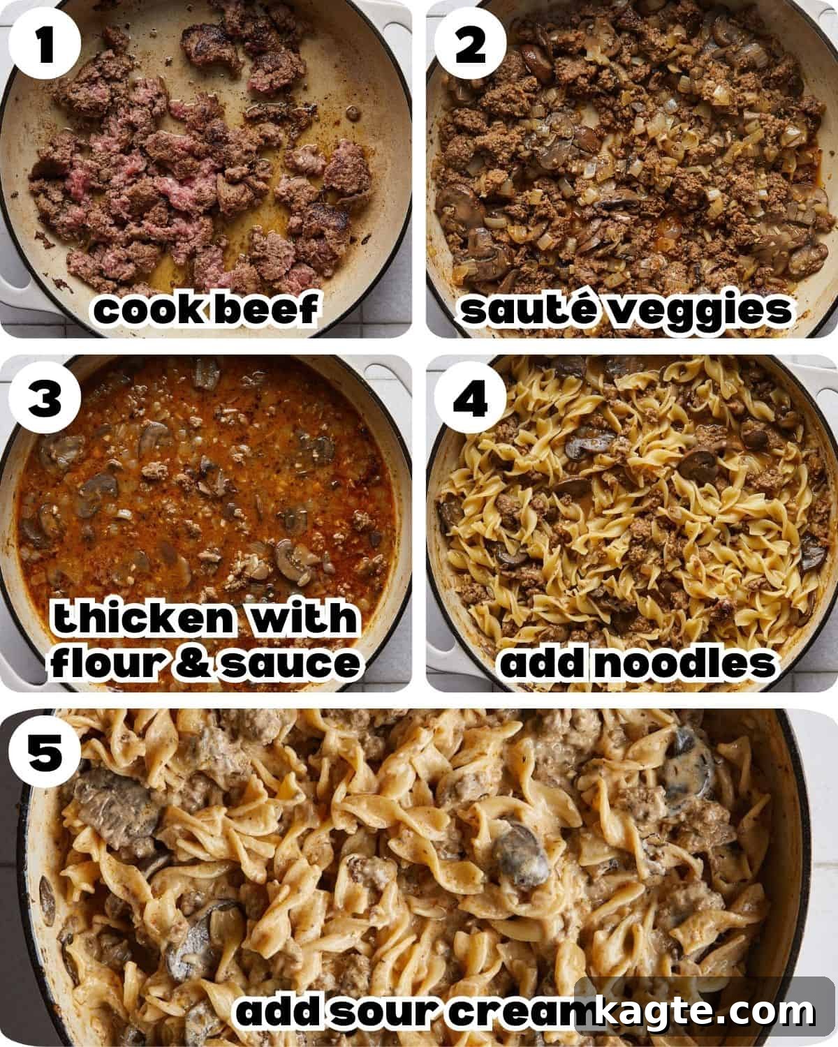 A 5 photo collage showing the steps for beef stroganoff with ground beef. 