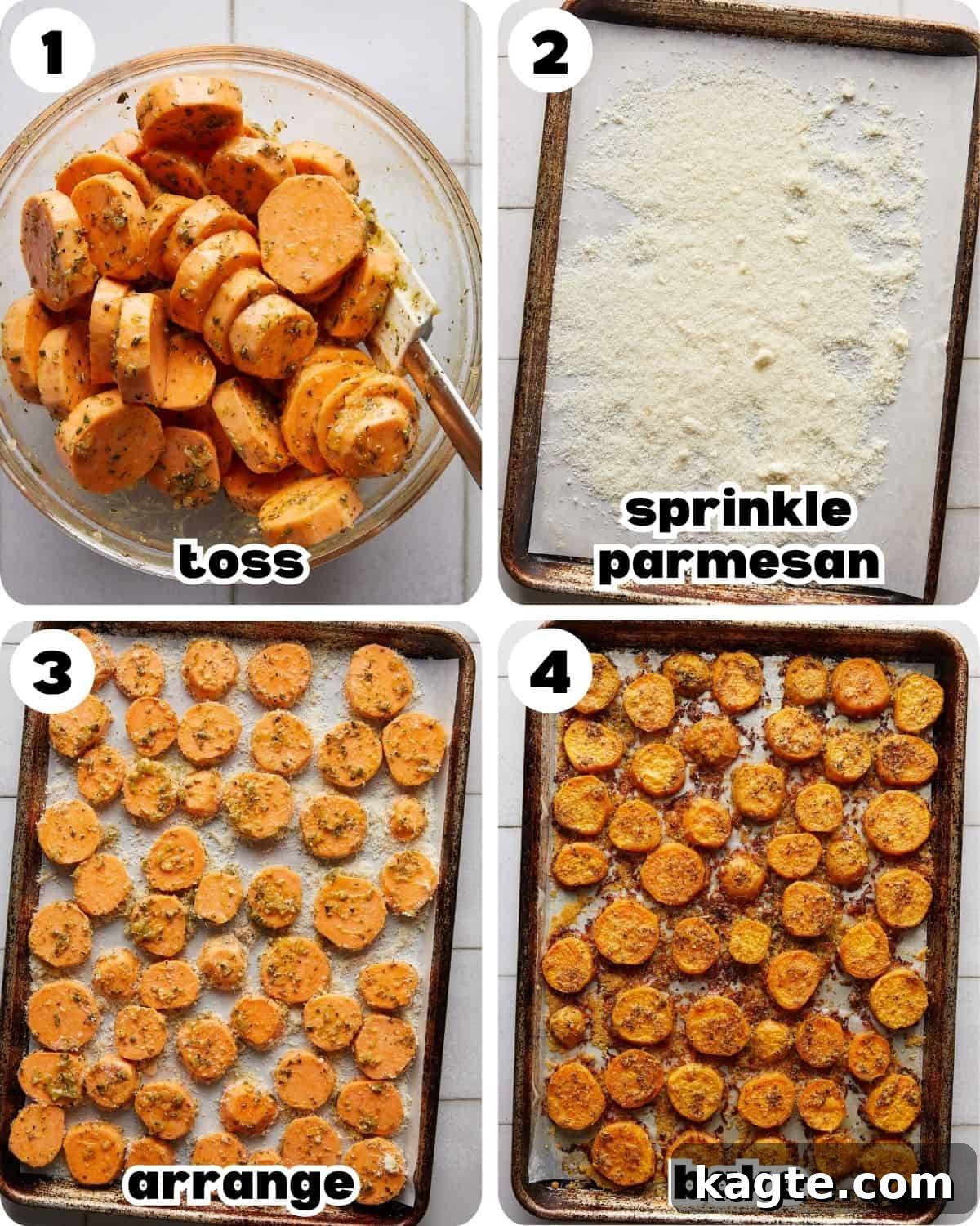 A four photo collage showing the steps for savory sweet potatoes.