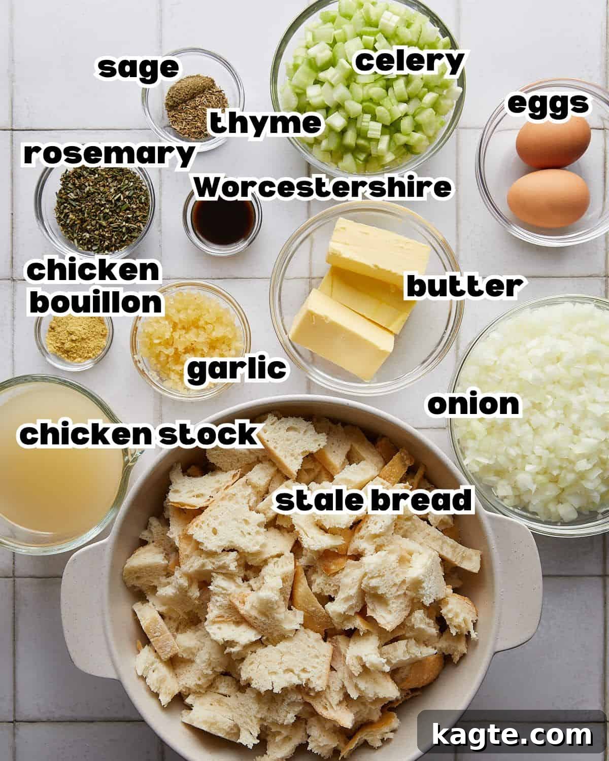 Make-Ahead Thanksgiving Stuffing 3 Overhead image of ingredients needed to make make ahead stuffing.