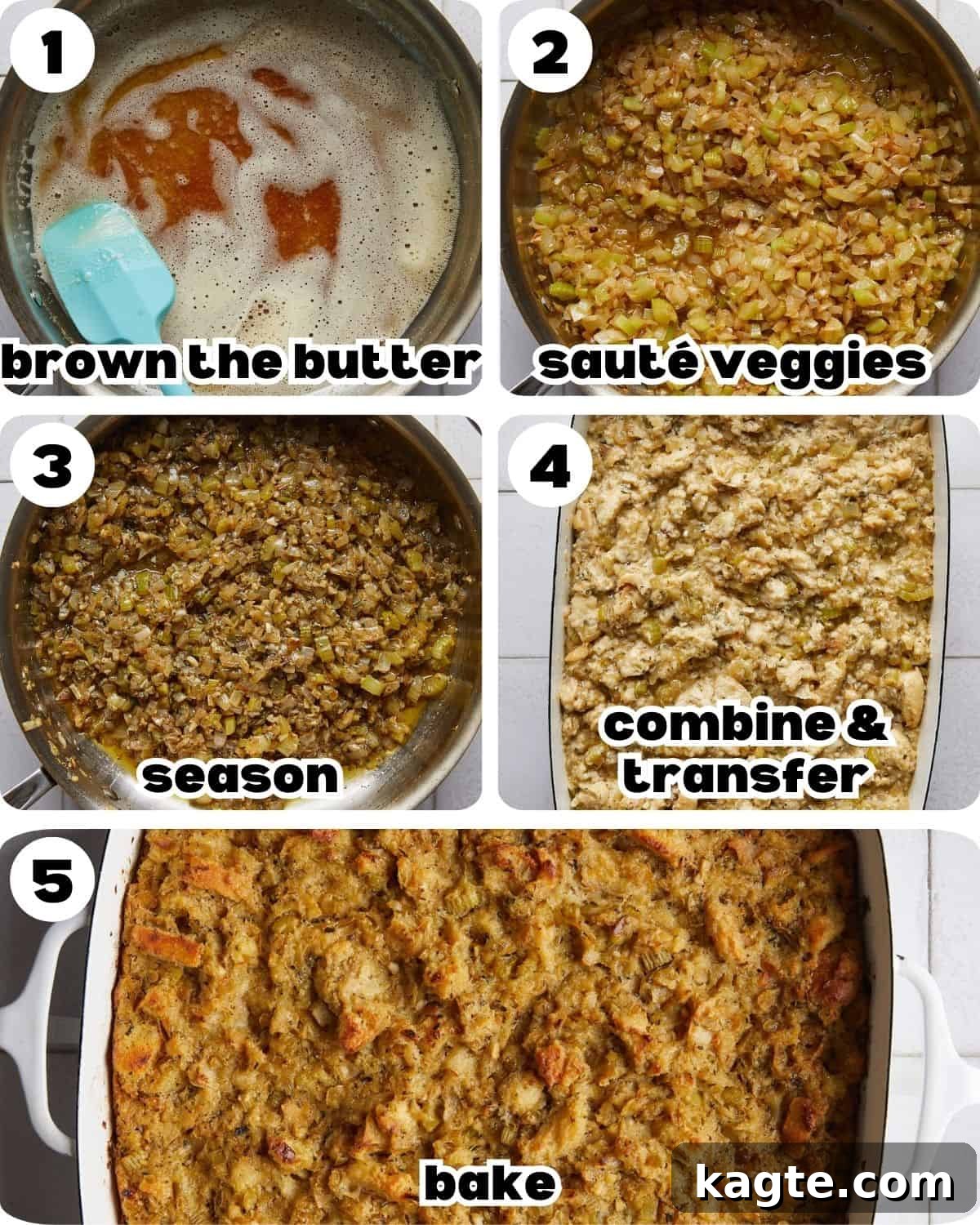 Make-Ahead Thanksgiving Stuffing 4 A five photo collage showing the assembly for make ahead stuffing.
