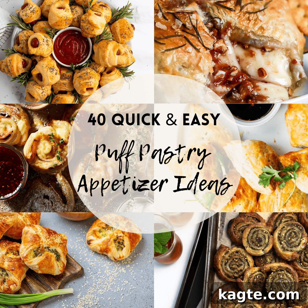 A 6 photo collage showing puff pastry appetizer ideas with text overlay that says '40 quick & easy puff pastry appetizer ideas'. 