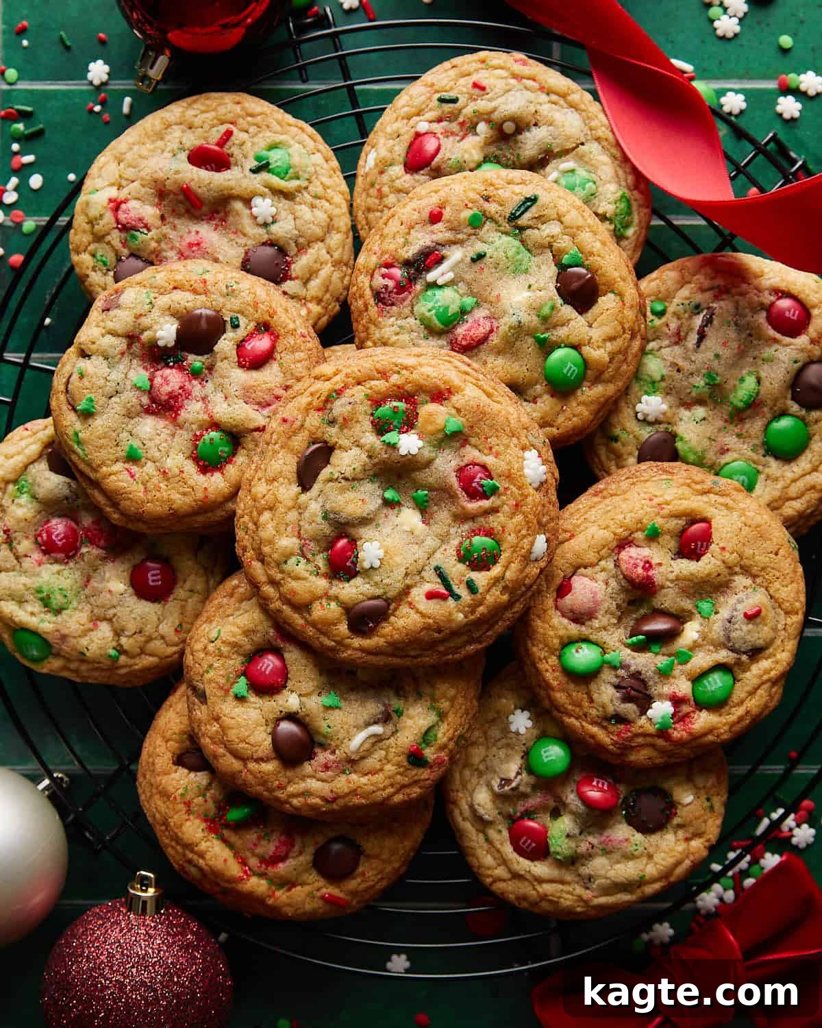 Holiday Chocolate Chip Magic 2 Overhead image of Christmas chocolate chip cookies with festive holiday decor surrounding them, showcasing their vibrant colors and appealing texture.