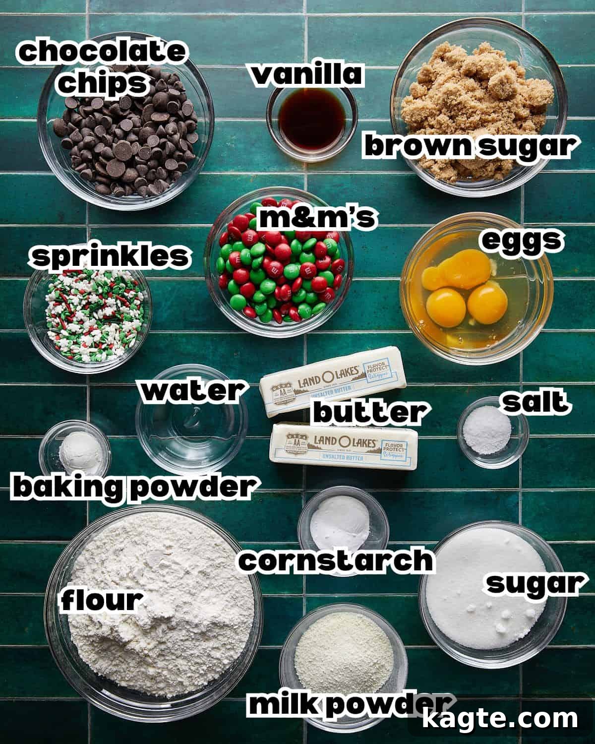 Holiday Chocolate Chip Magic 3 Overhead image of all the ingredients meticulously laid out on a clean surface, ready to be measured and combined for making Christmas chocolate chip cookies.