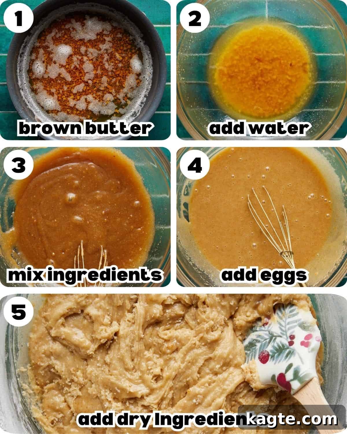 Holiday Chocolate Chip Magic 4 A five-photo collage illustrating the initial stages of preparing Christmas chocolate chip cookie dough, including browning butter and mixing wet ingredients.