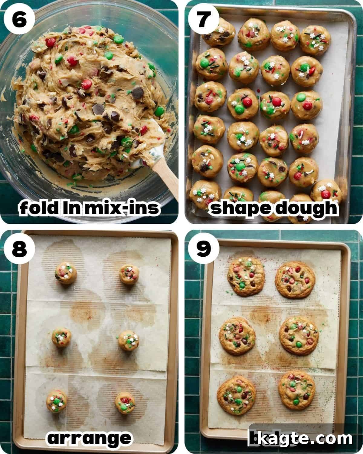 Holiday Chocolate Chip Magic 5 A four-photo collage demonstrating the final stages of making Christmas chocolate chip cookies, including folding in mix-ins, shaping, and preparing the dough for baking.