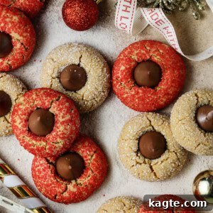 Festive Peanut Butter Blossoms 8 Overhead image of Christmas peanut butter blossoms with Christmas decor surrounding.