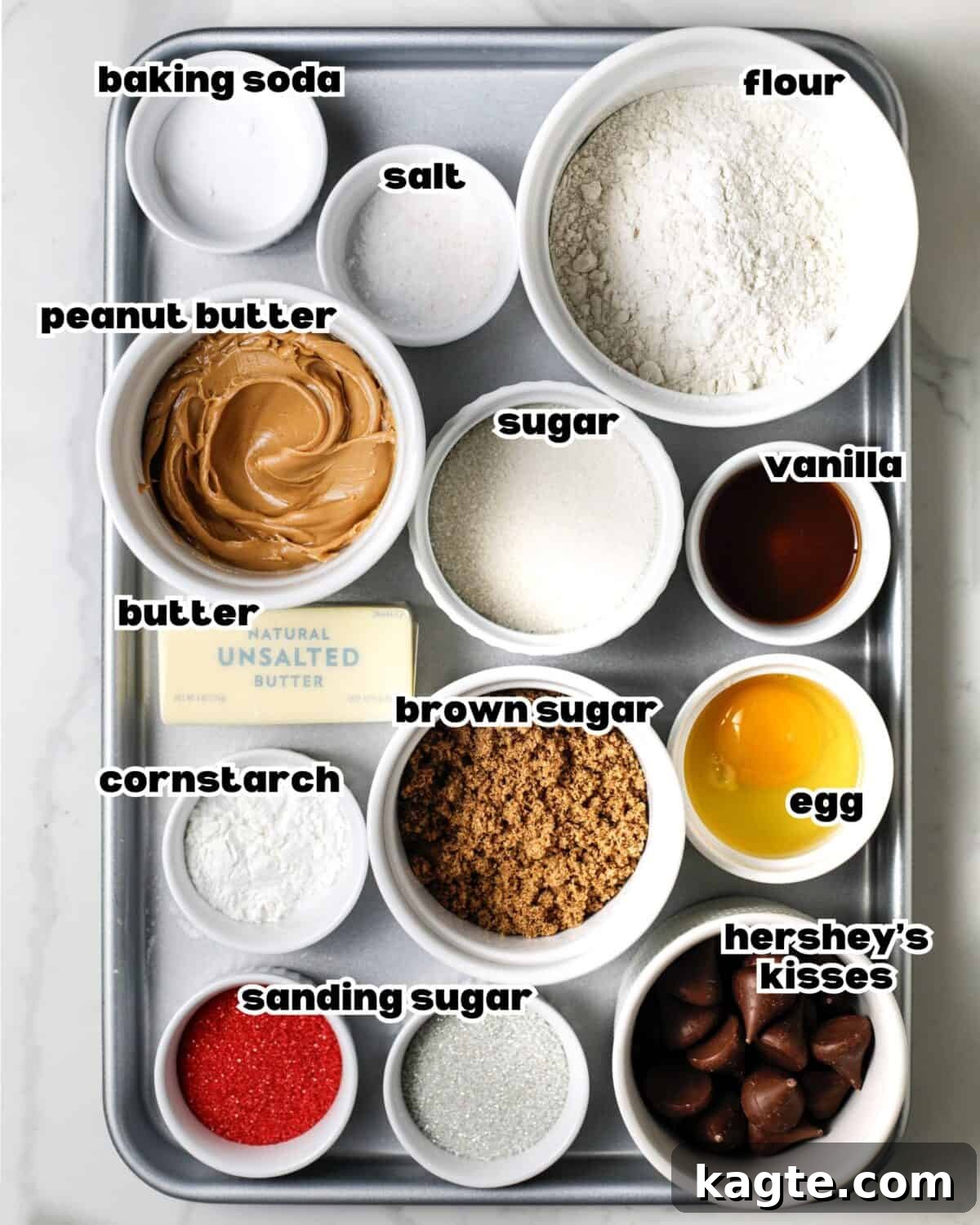 Festive Peanut Butter Blossoms 3 Overhead image of ingredients needed for Christmas peanut butter blossoms.