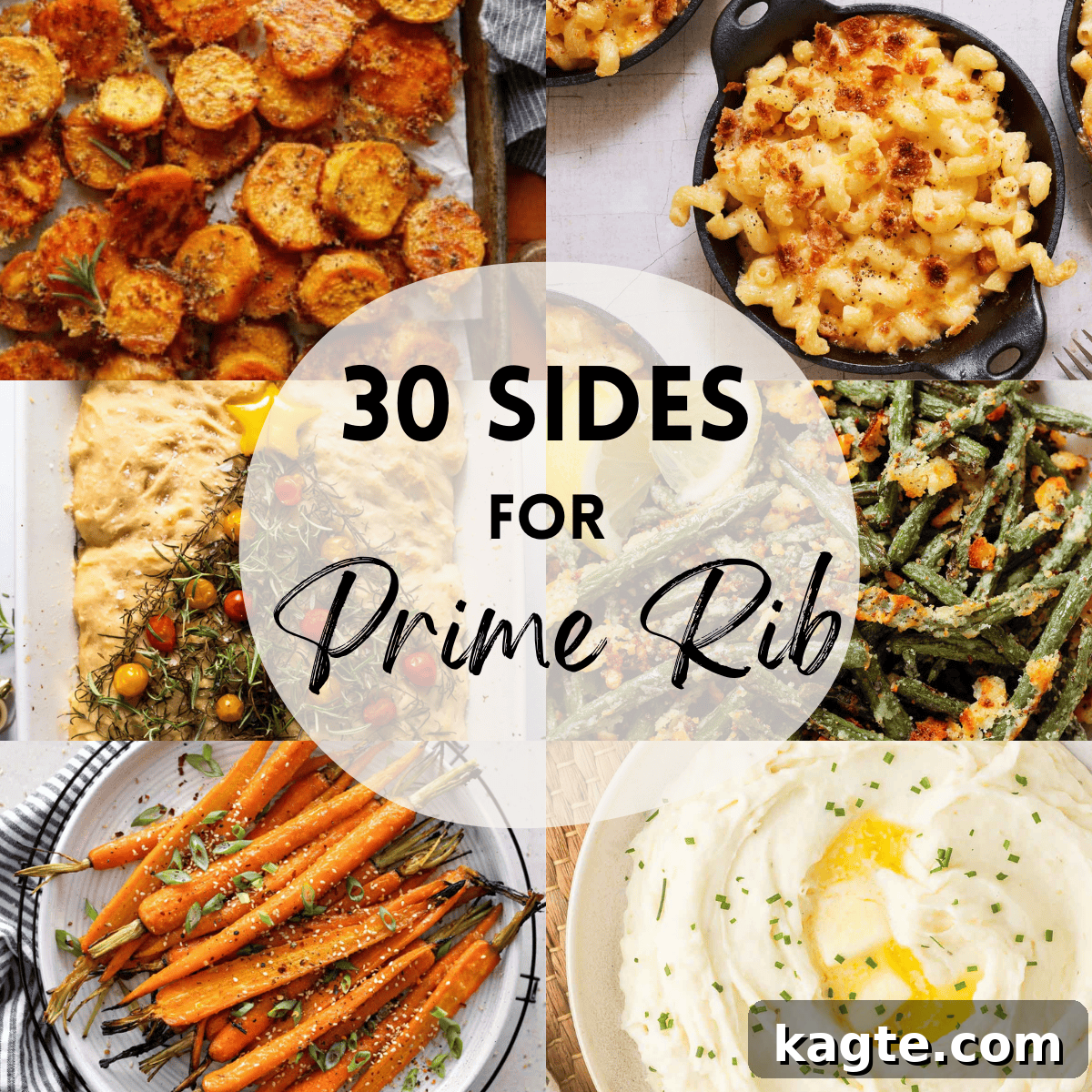 A 6 photo collage showcasing a variety of delicious side dishes perfectly suited for a prime rib roast, with a text overlay that reads '30 Best Sides for Prime Rib.'