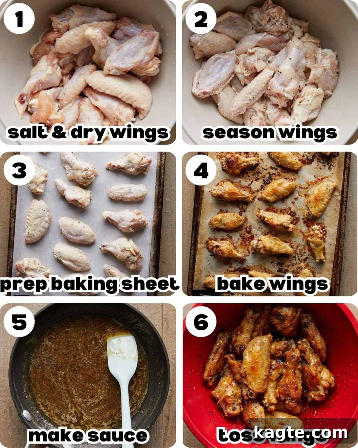 Honey Glazed Lemon Pepper Wings 4 A 6-photo collage illustrating the step-by-step process of preparing honey lemon pepper wings, from seasoning raw chicken to tossing baked wings in glaze.