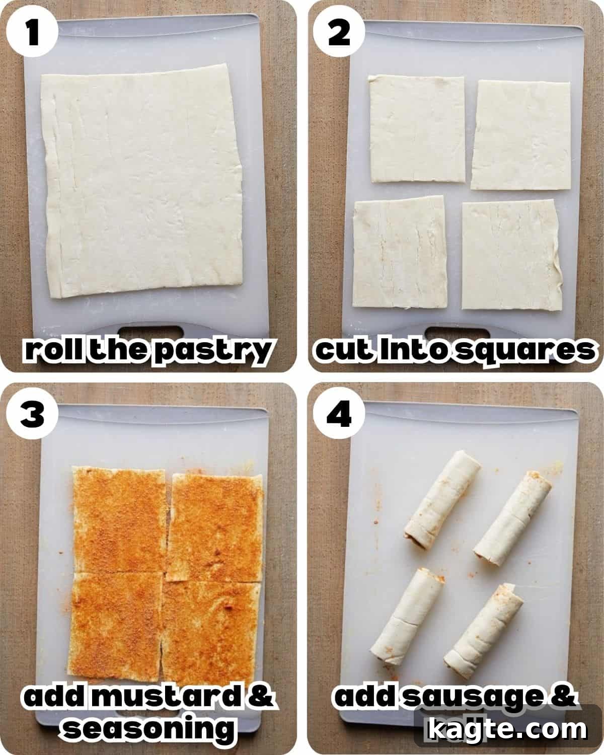 Flaky Golden Chicken Sausage Rolls 4 A four-photo collage illustrating the initial stages of preparing chicken sausage rolls with puff pastry, including rolling out the pastry, cutting squares, adding mustard and seasoning, and placing sausage links.