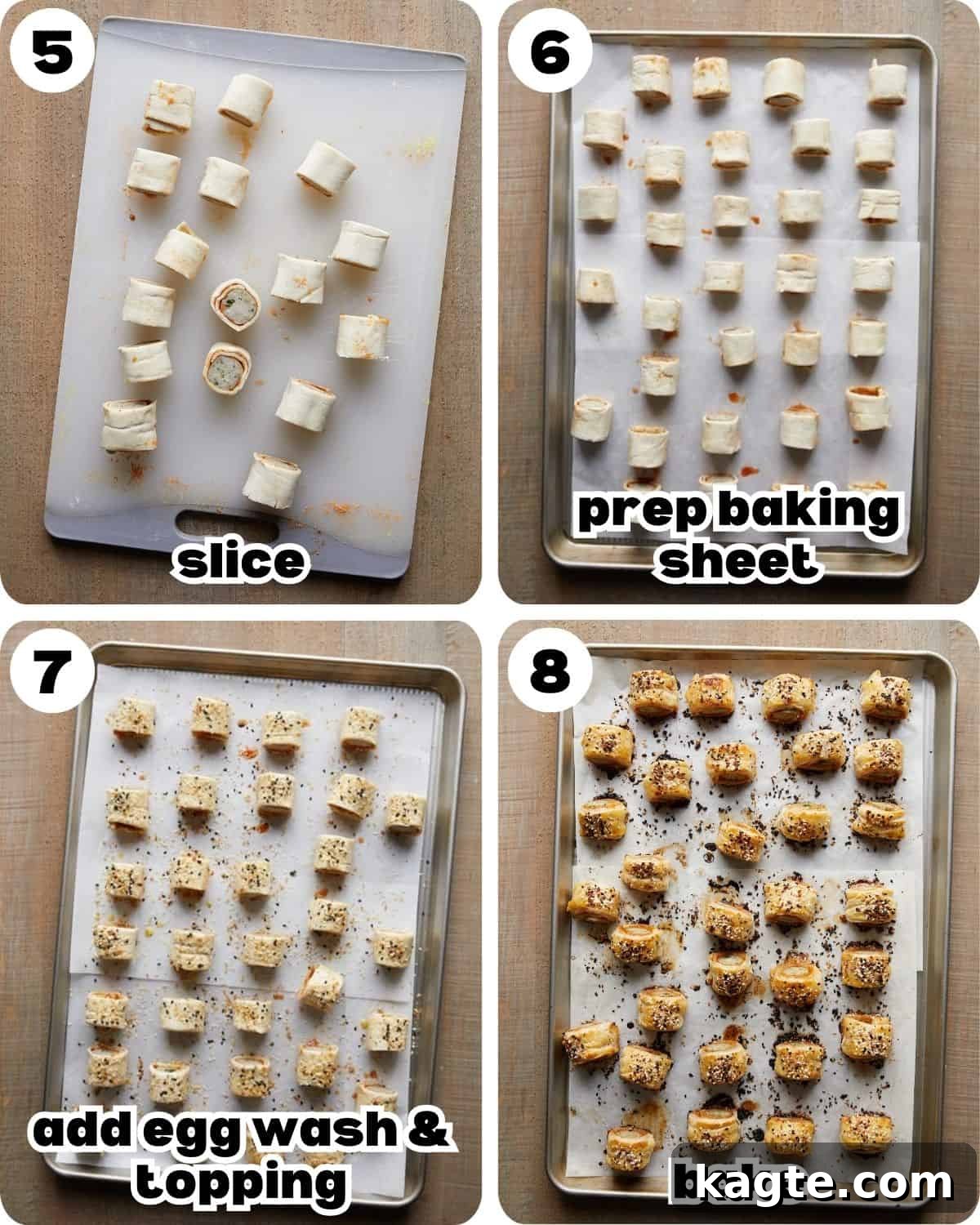 Flaky Golden Chicken Sausage Rolls 5 A four-photo collage showing the final preparation steps for chicken sausage rolls with puff pastry, including slicing the rolls, arranging them on a baking sheet, applying egg wash, and sprinkling everything bagel seasoning.