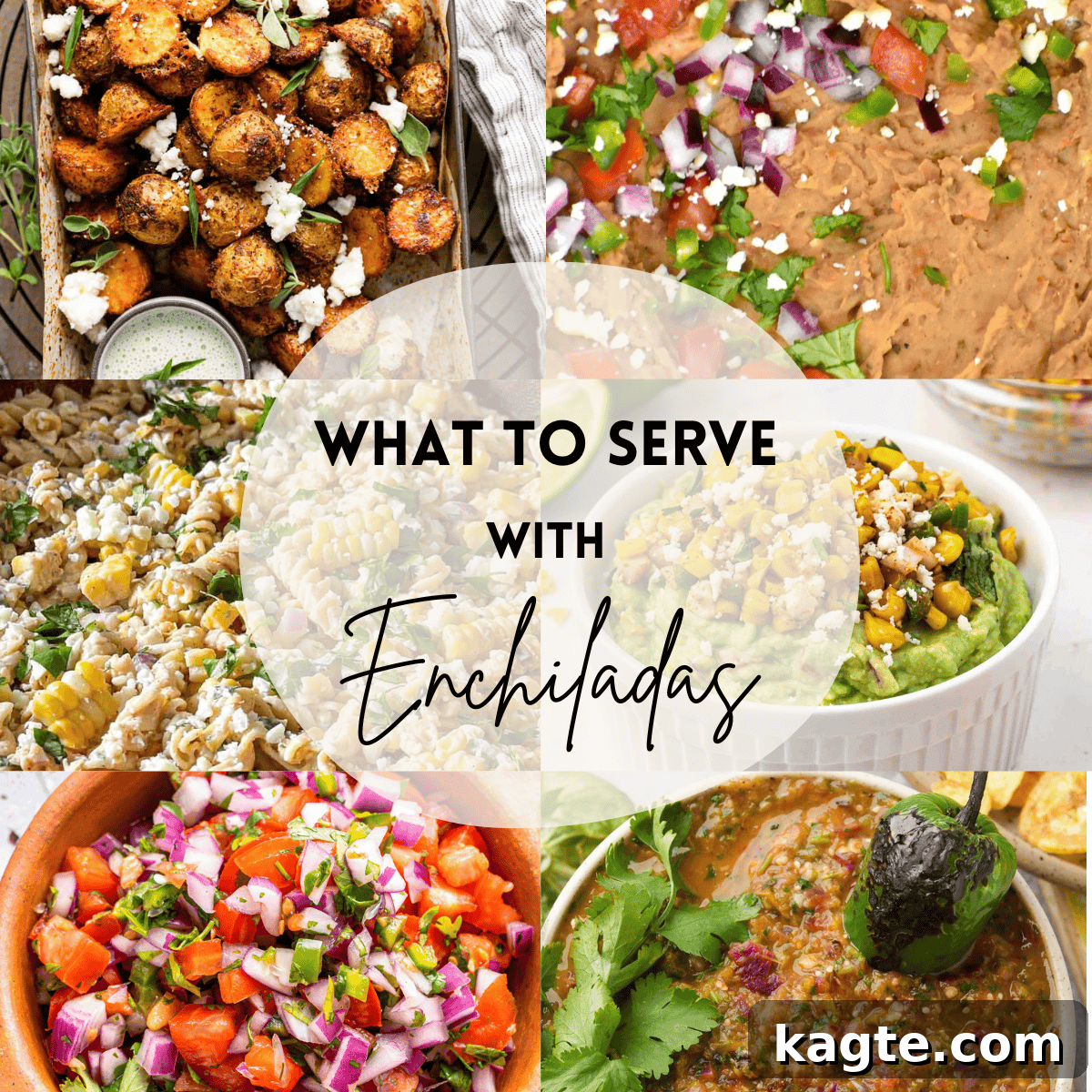 Beyond Rice: Perfect Enchilada Sides 2 A 6 photo collage showing various delicious side dish recipes for enchiladas, with an inviting text overlay: 'What to Serve with Enchiladas'.