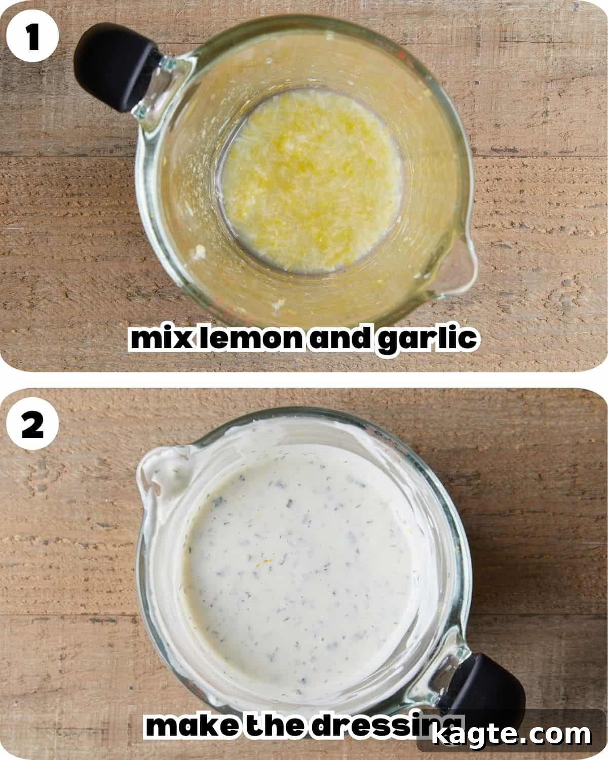 Tangy Greek Ranch Creation 4 An overhead collage of two images showing the steps for making homemade greek yogurt ranch dressing: first, mixing lemon juice and garlic, then combining with other ingredients.