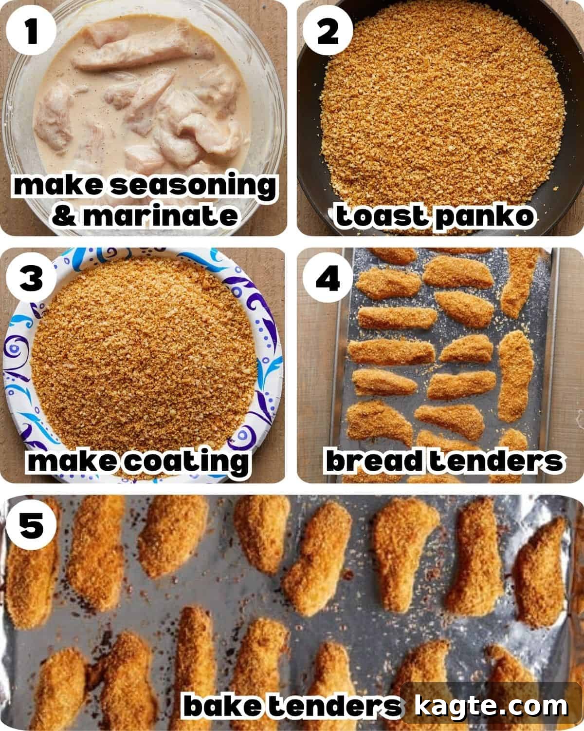 A five-photo collage visually guiding through the process of making crispy chicken tenders, from marinating to baking.