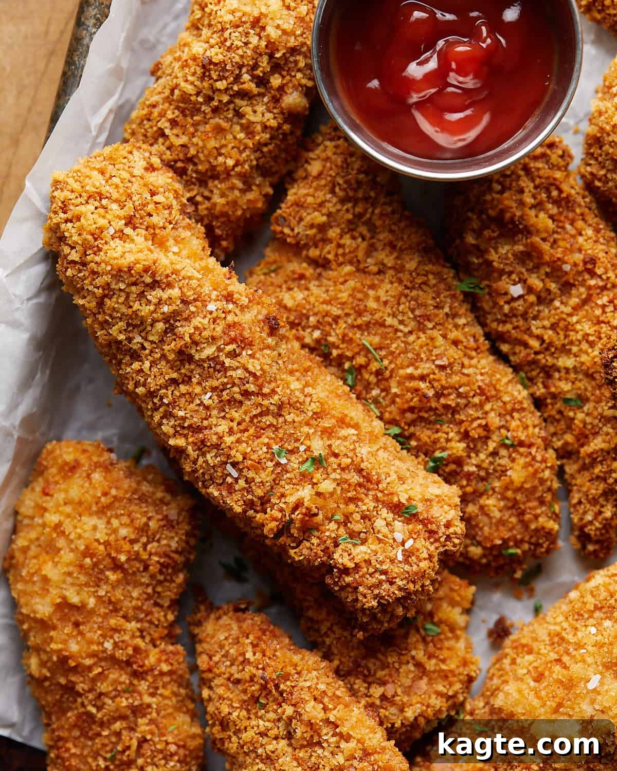 Close-up overhead image of a perfectly golden, crispy chicken tender garnished with fresh herbs, ready to be enjoyed.