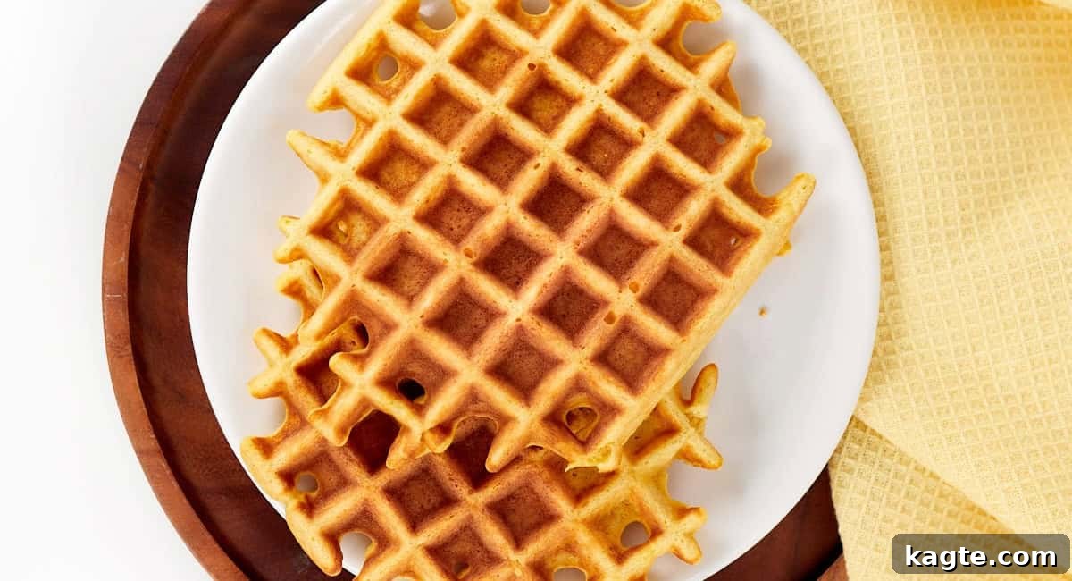 25 Delicious Sides to Serve with Chicken Tenders 3 Overhead image of golden, savory waffles on a pristine white dish, ready to be served.
