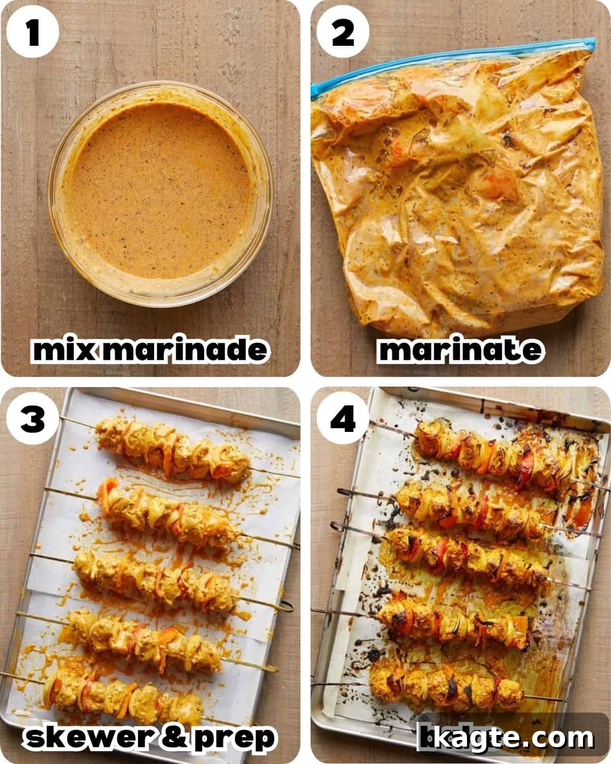 Simple Oven Roasted Chicken Kabobs 4 A four-photo collage showing the sequential steps for preparing chicken kabobs in the oven, from mixing marinade to skewering and baking.