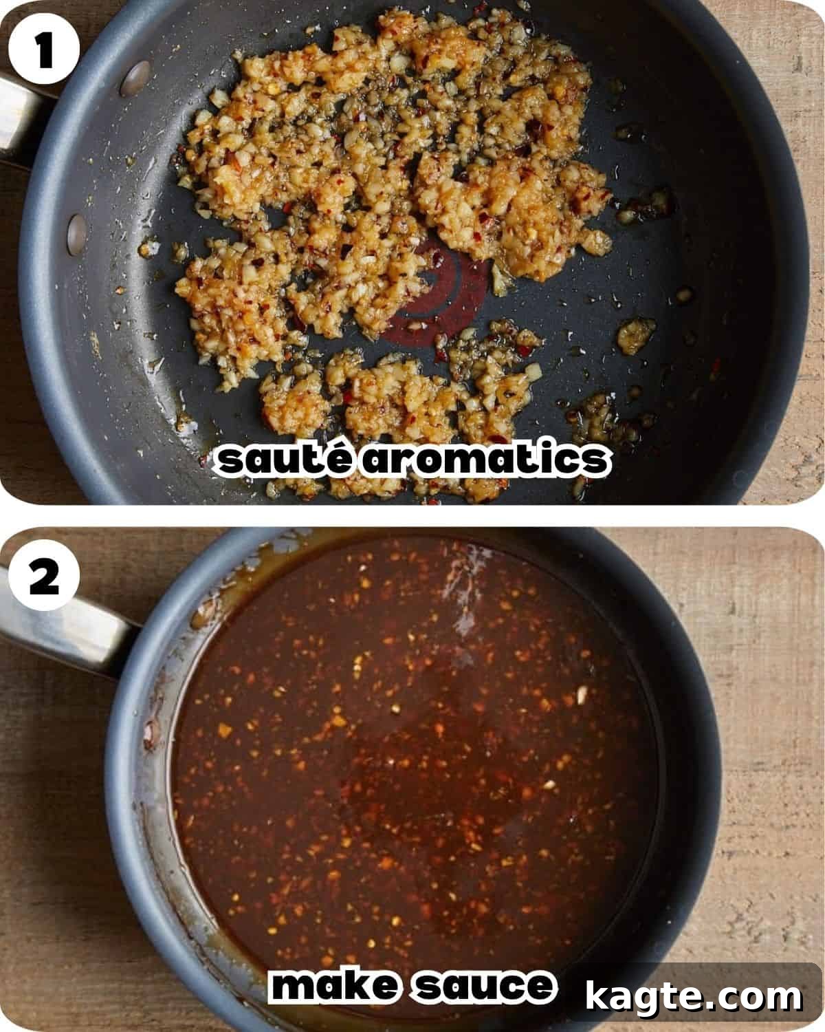 Tropical Pineapple Teriyaki Glaze 4 A two-photo collage demonstrating the steps for making pineapple teriyaki sauce. The first image shows garlic, ginger, and chili flakes sautéing in a pan, and the second image shows the sauce simmering and thickening in the pan.