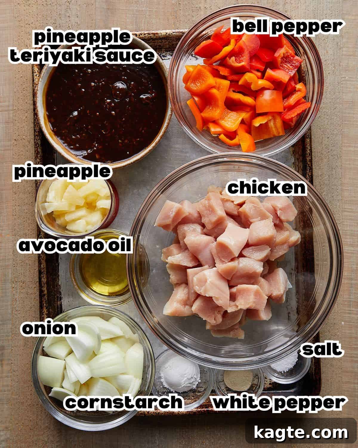 Overhead image of ingredients needed for pineapple teriyaki chicken. 