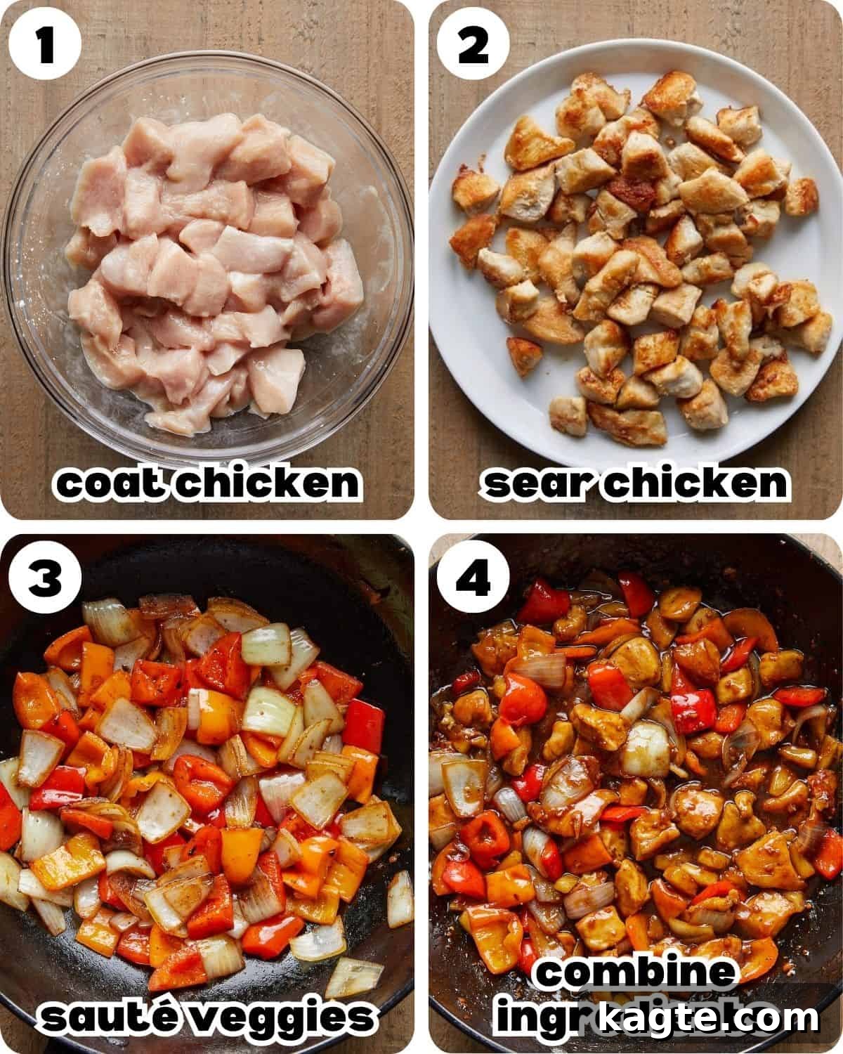 A four image collage showing the steps for pineapple teriyaki chicken. 