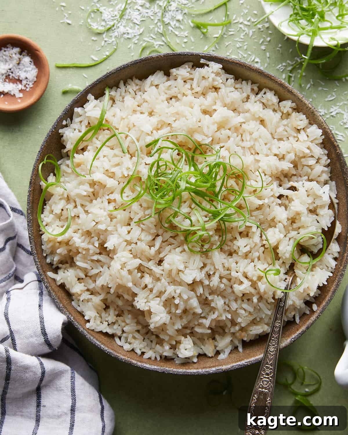 Fragrant One-Pot Coconut Jasmine Rice 2 Overhead image of coconut jasmine rice with garnish.