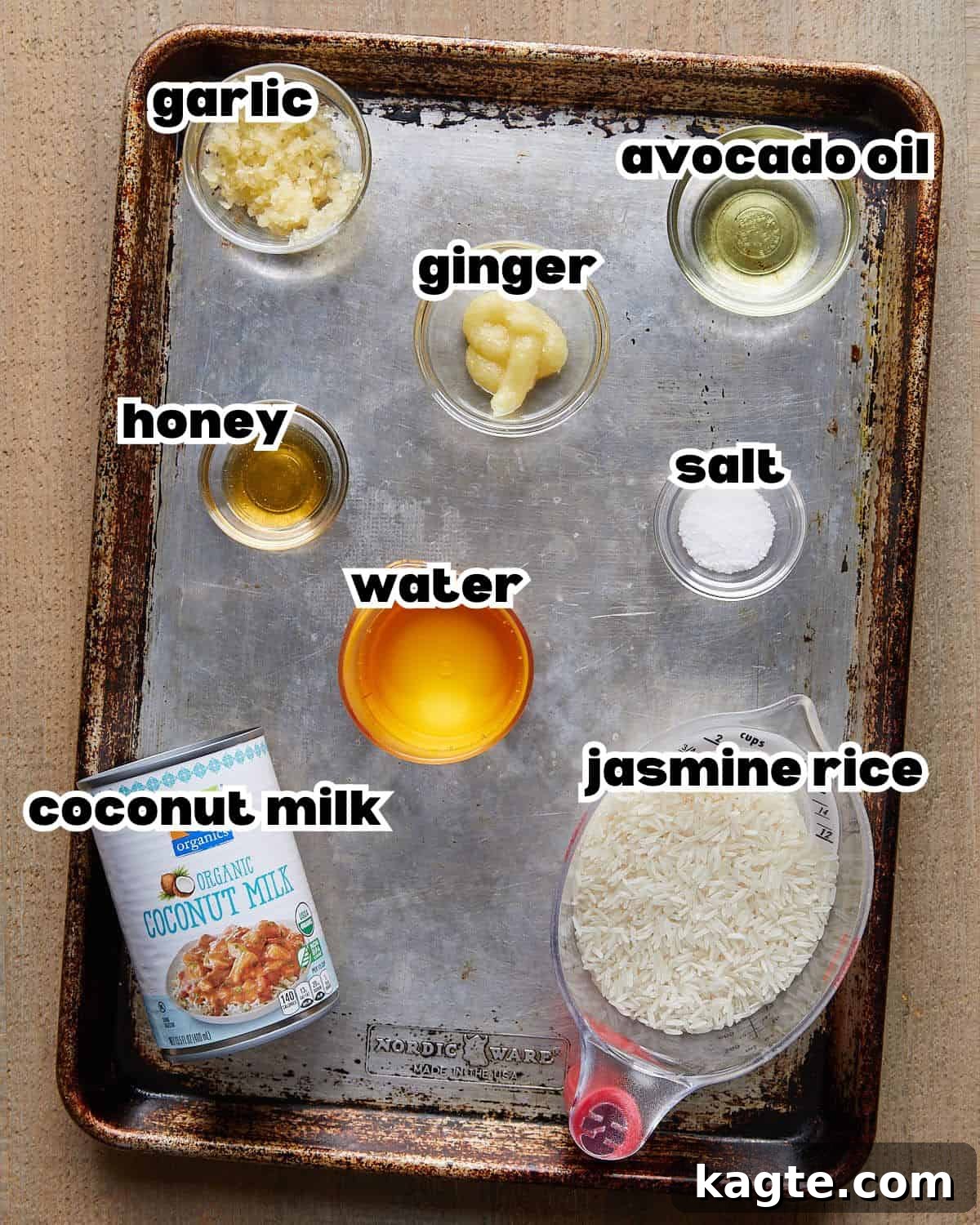 Fragrant One-Pot Coconut Jasmine Rice 3 Overhead image of ingredients needed to make coconut jasmine rice.