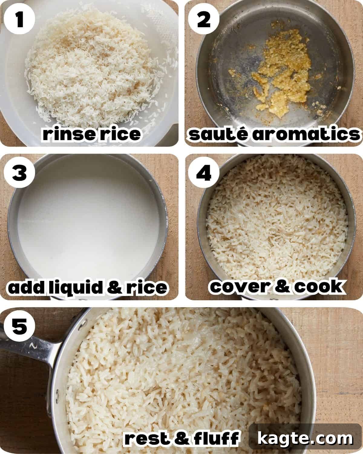 Fragrant One-Pot Coconut Jasmine Rice 4 A five photo collage showing the steps for coconut jasmine rice.