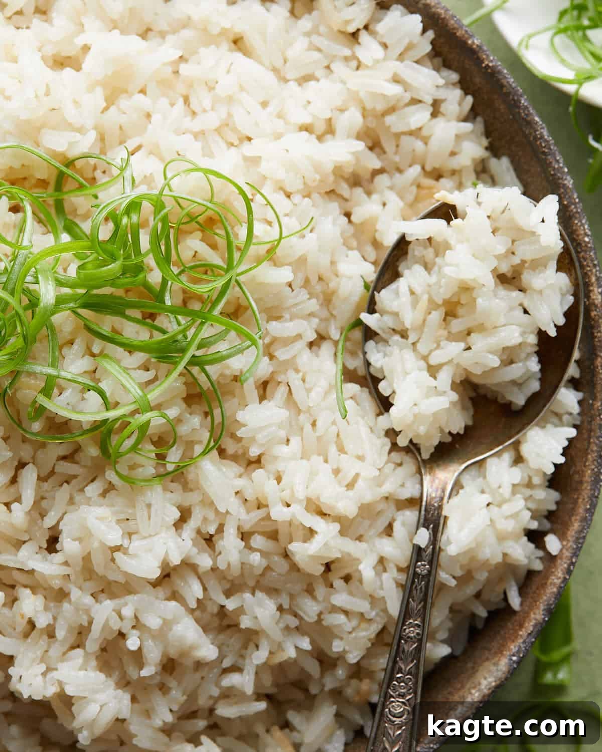 Fragrant One-Pot Coconut Jasmine Rice 5 Up close overhead image of coconut jasmine rice with garnish.