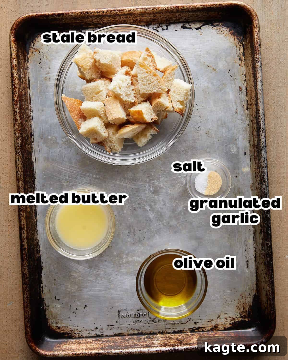 Perfectly Crispy Air Fryer Croutons 3 Overhead image of ingredients needed to make air fryer croutons.