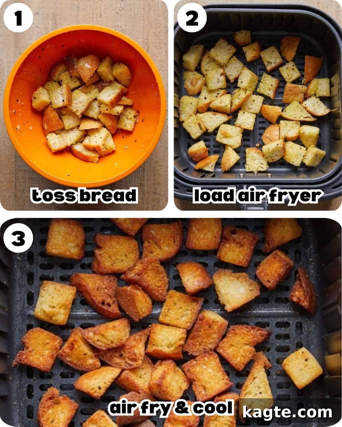 Perfectly Crispy Air Fryer Croutons 4 A three photo collage showing the steps for air fryer croutons.