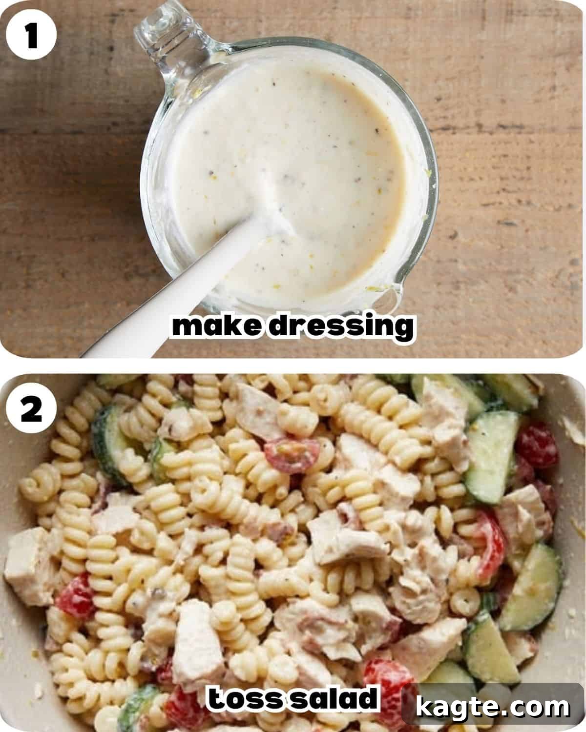 A two photo collage showing the steps for chicken caesar pasta salad. 