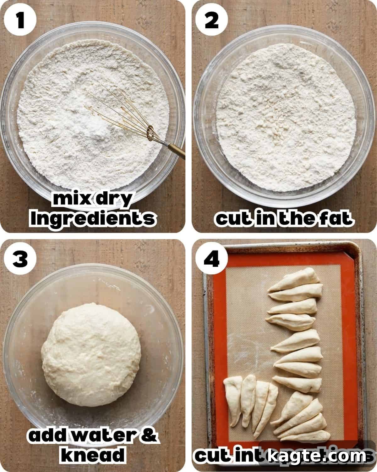 A 4-photo collage showing the beginning steps for making homemade flour tortillas, from mixing to kneading.